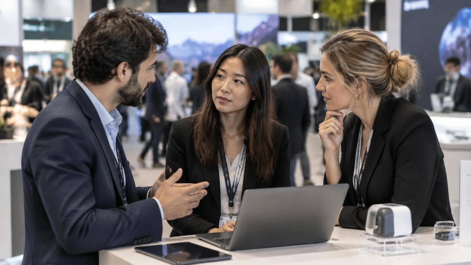 A team talking inside a booth on the show floor