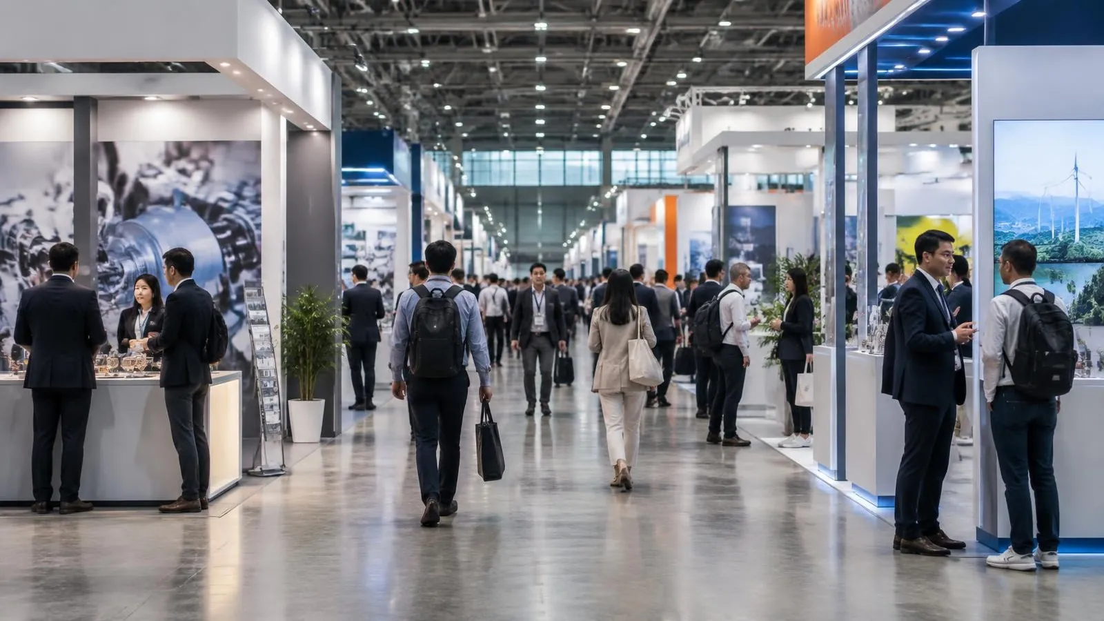 Rows of booths along a trade show aisle